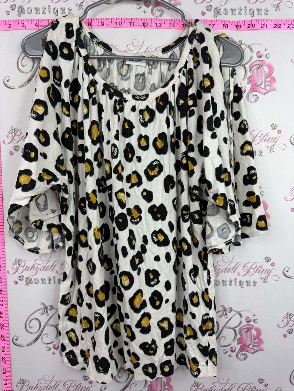 DKNYC shirt White Leopard Cold-Shoulder Tunic with Black and Gold Spots